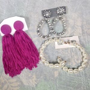 Baublebar Sugarfix Statement Sparkle Earring Bundle 3 Prs Stone Pearl Tassel